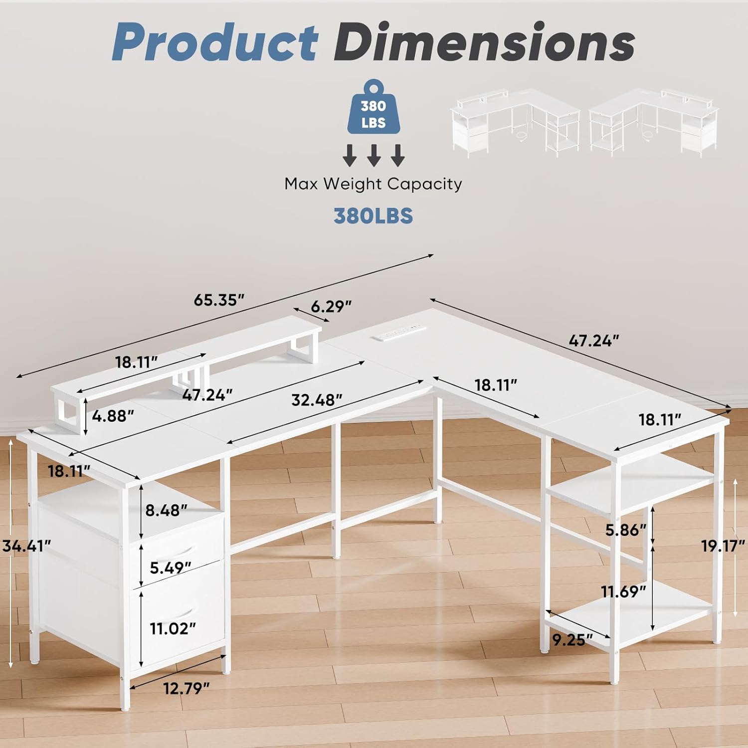 DUMOS 62 Inch L Shaped Gaming Desk with Charging Station & 2 Monitor Stands, Computer Desk with Drawer & Adjustable Storage Shelves, Large Corner Desk for Home Office, White