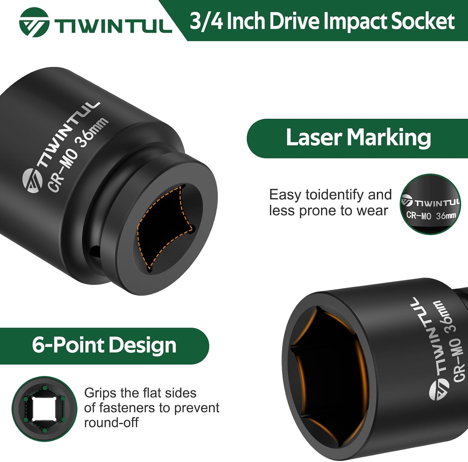 3/4 Inch Drive Impact Socket 36mm, Anti-Rounding 6-Point Design