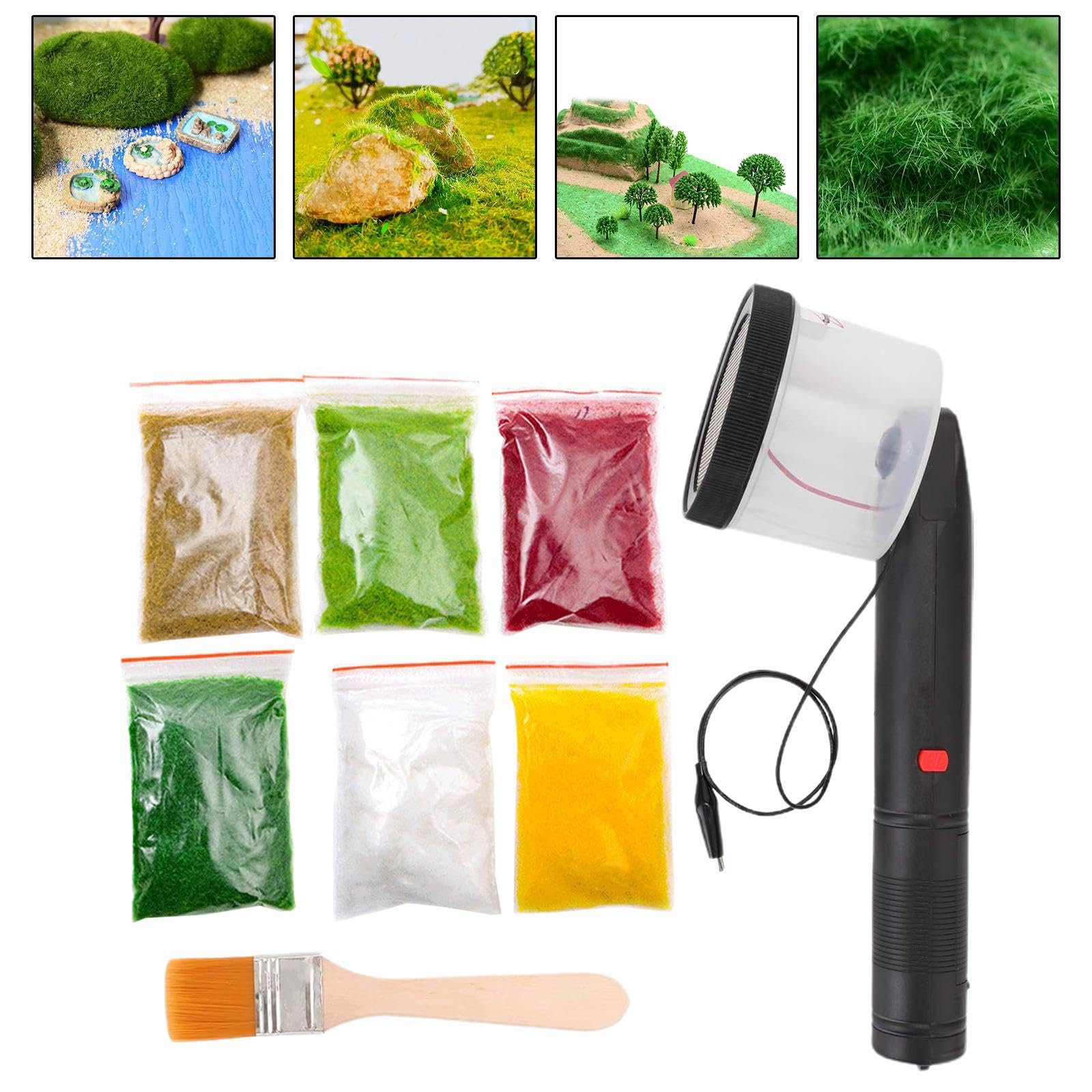 Gralara Máquina de Césped Estático Portátil para Maquetas Y Escenarios Dispositivo Manual Electroestático Herramienta para Fibras Accesorio PP Arena, 6 Bolsas de Hierba en Polvo