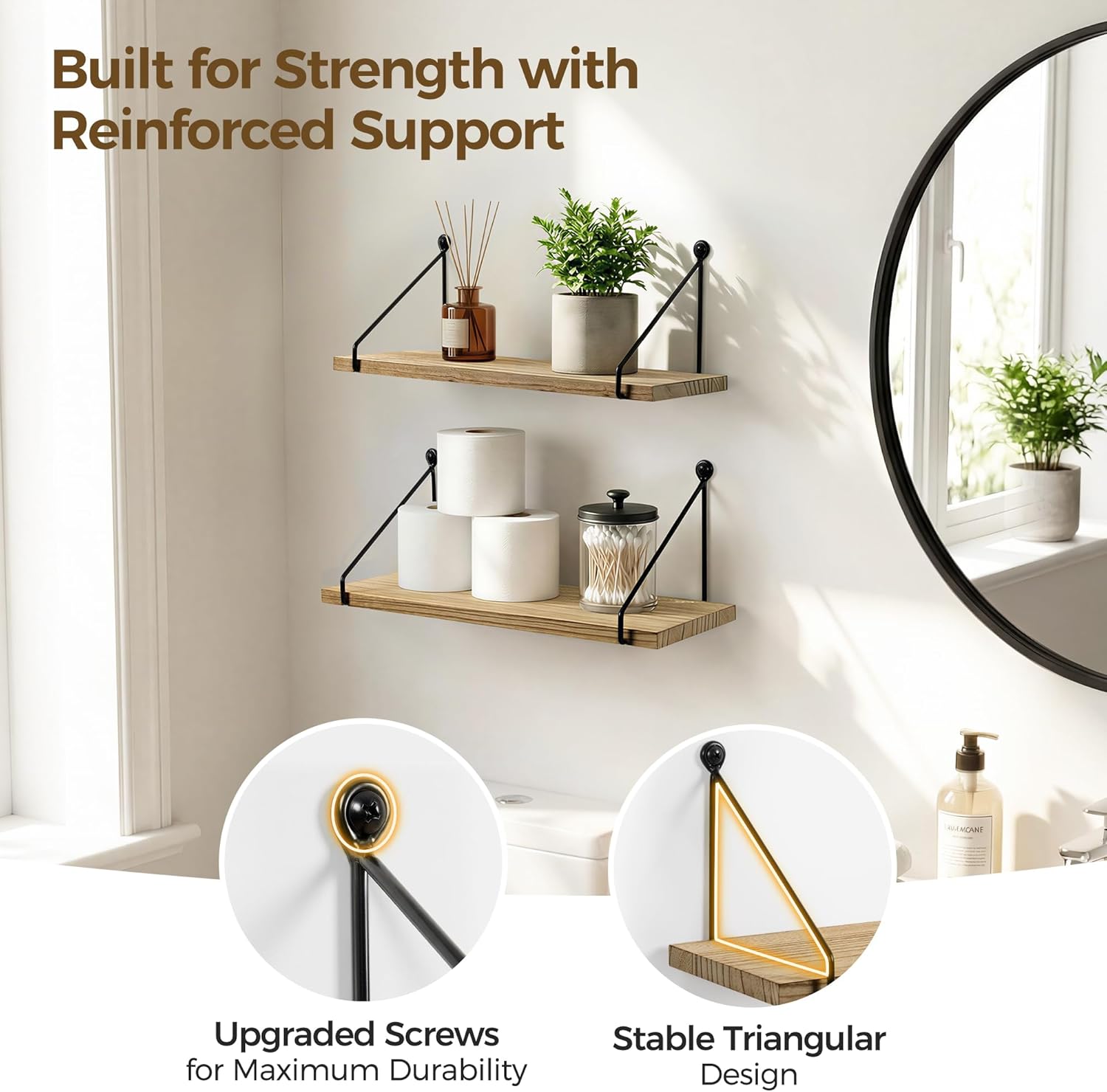 Afuly Floating Wall Shelves Rustic Wall Mounted Hanging Shelf Farmhouse Wall Bookshelf for Bathroom Kitchen Dining Living Room Wood Metal Organizers, Set of 2
