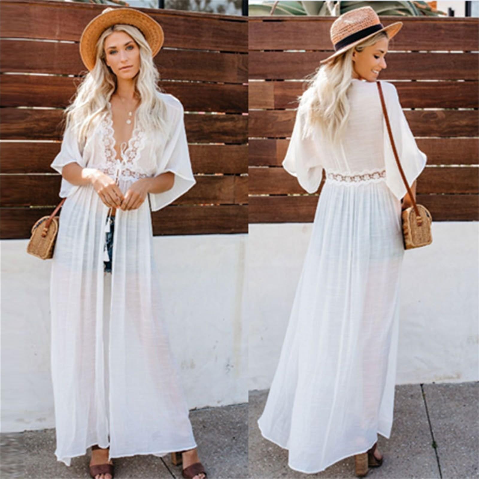 Copricostume da Bikini Sexy in Pizzo Spiaggia Donna | Costume da bagno all'uncinetto aperto sul davanti maxi mantello copricostume lungo kimono bianco