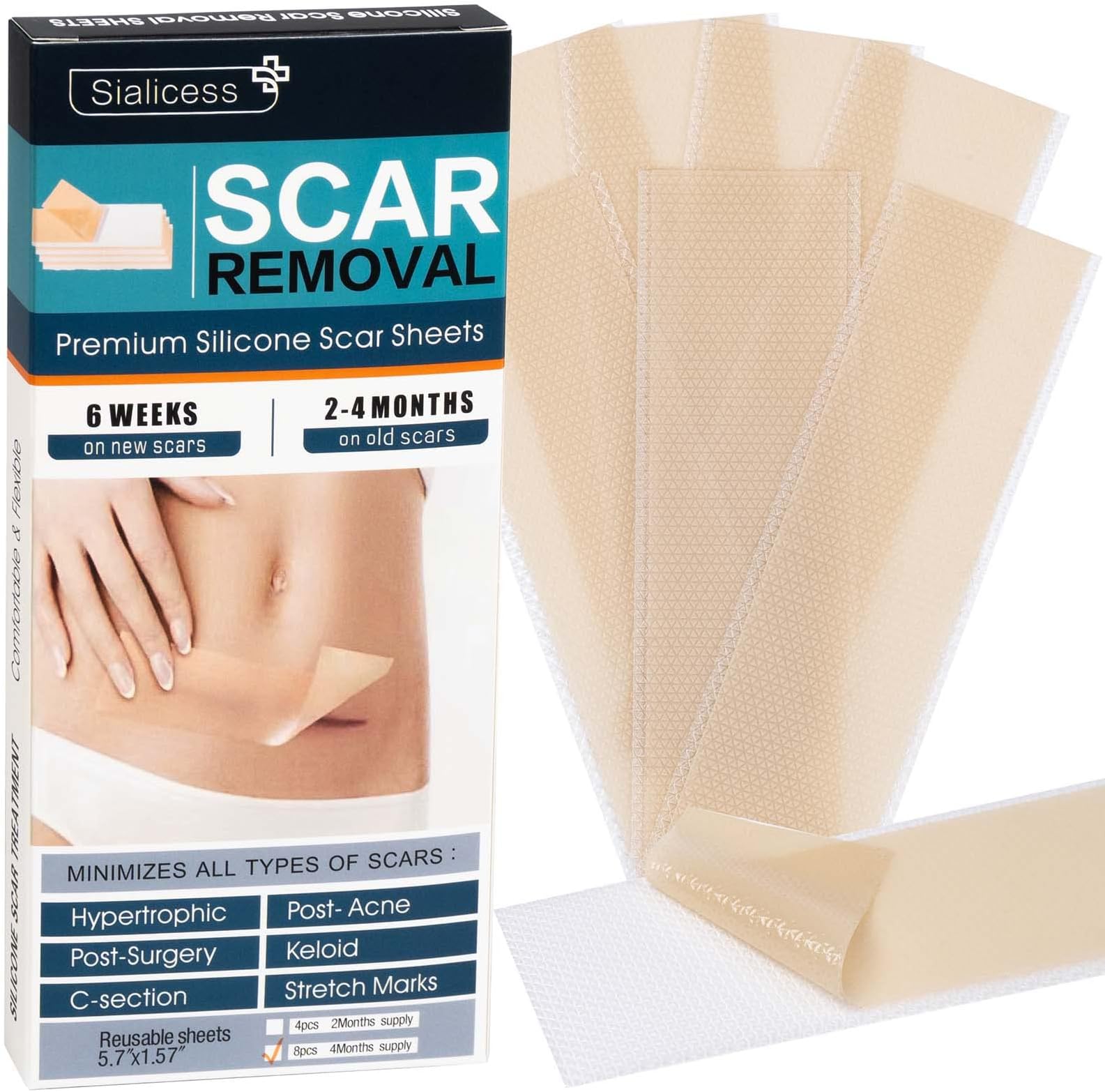 Advanced Silicone Scar Sheets 8PCS, Reusable Silicone Scar Strips Type for Keloid, New and Old Hypertrophic Scars, Surgery, Acne et-5.7" x 1.57" - 4 Month Supply (1 Box (8 PCS))