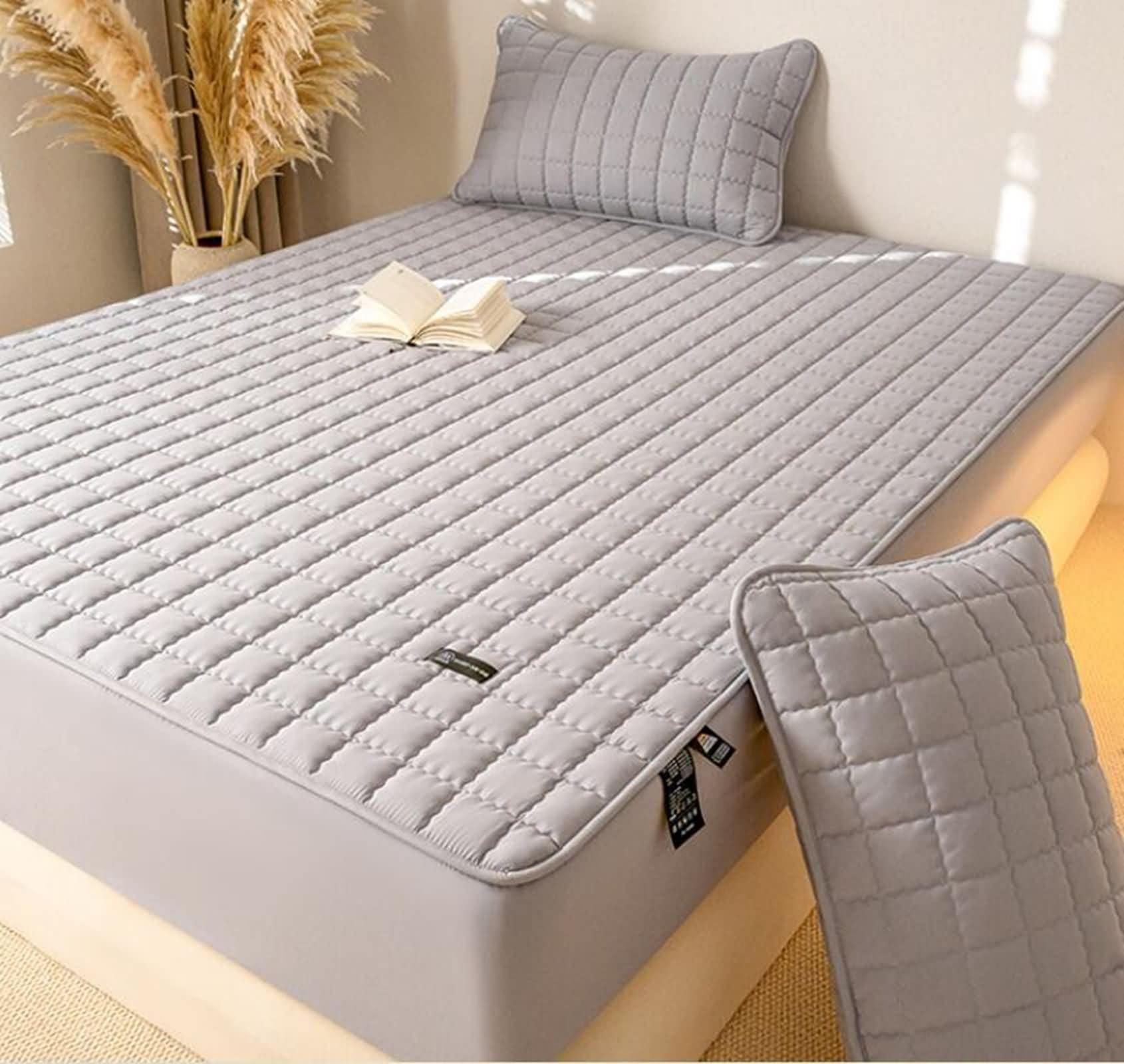 Spannbettlaken Polyester Baumwolle, Einfarbige Farbe mit Kariertem Muster, 120 x 200 cm, Spannbetttuch Grau