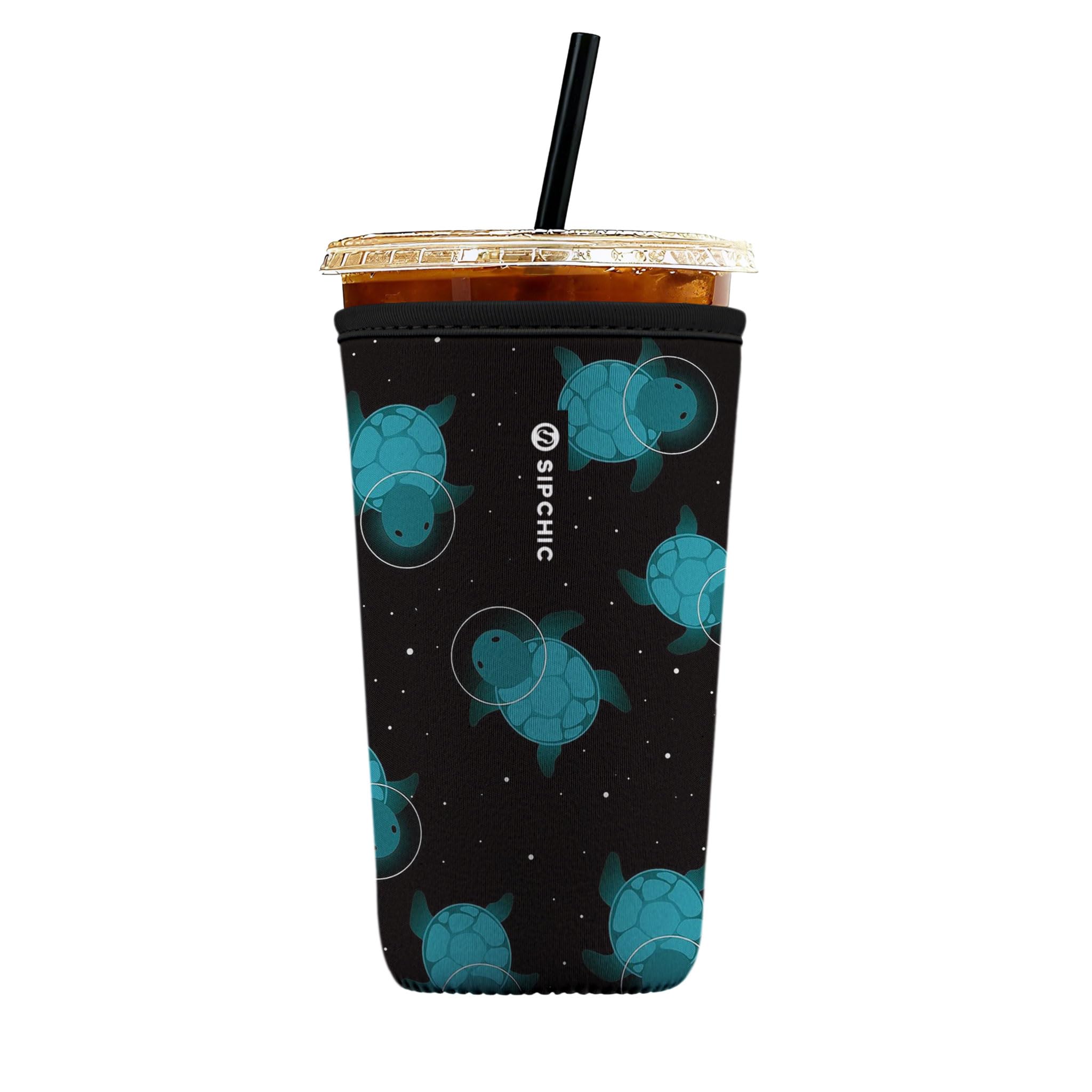 Iced Coffee Sleeve – Neoprene Reusable Cup Sleeves for Drinks, Insulated Drink Sleeves to Keep Hands Dry &amp; Drinks Cold, Stylish &amp; Durable Coffee Sleeves (Space Turtles, Large: 30-32oz)