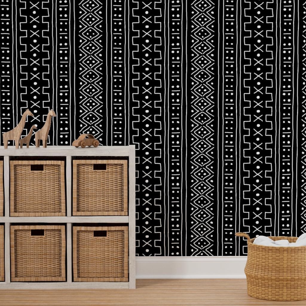 Peel & Stick Wallpaper 6ft x 2ft - White Black Mudcloth Inspired Geometric African Custom Removable Wallpaper by Spoonflower