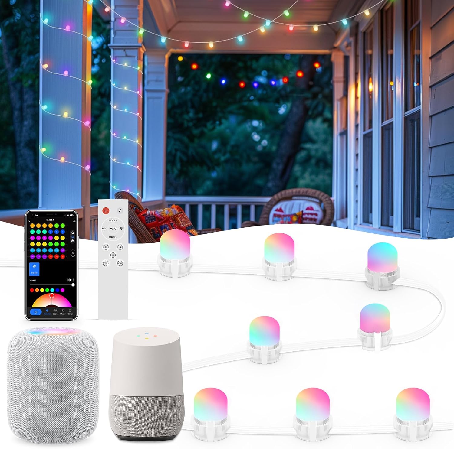 Smart RGB+IC Permanent String Lights Indoor and outdoor 76ft 200 LEDs Music Sync 110+ Scene Modes IP65 Waterproof With Alexa & Google Compatibility For Parties Holidays Everyday Ambiance Christmas