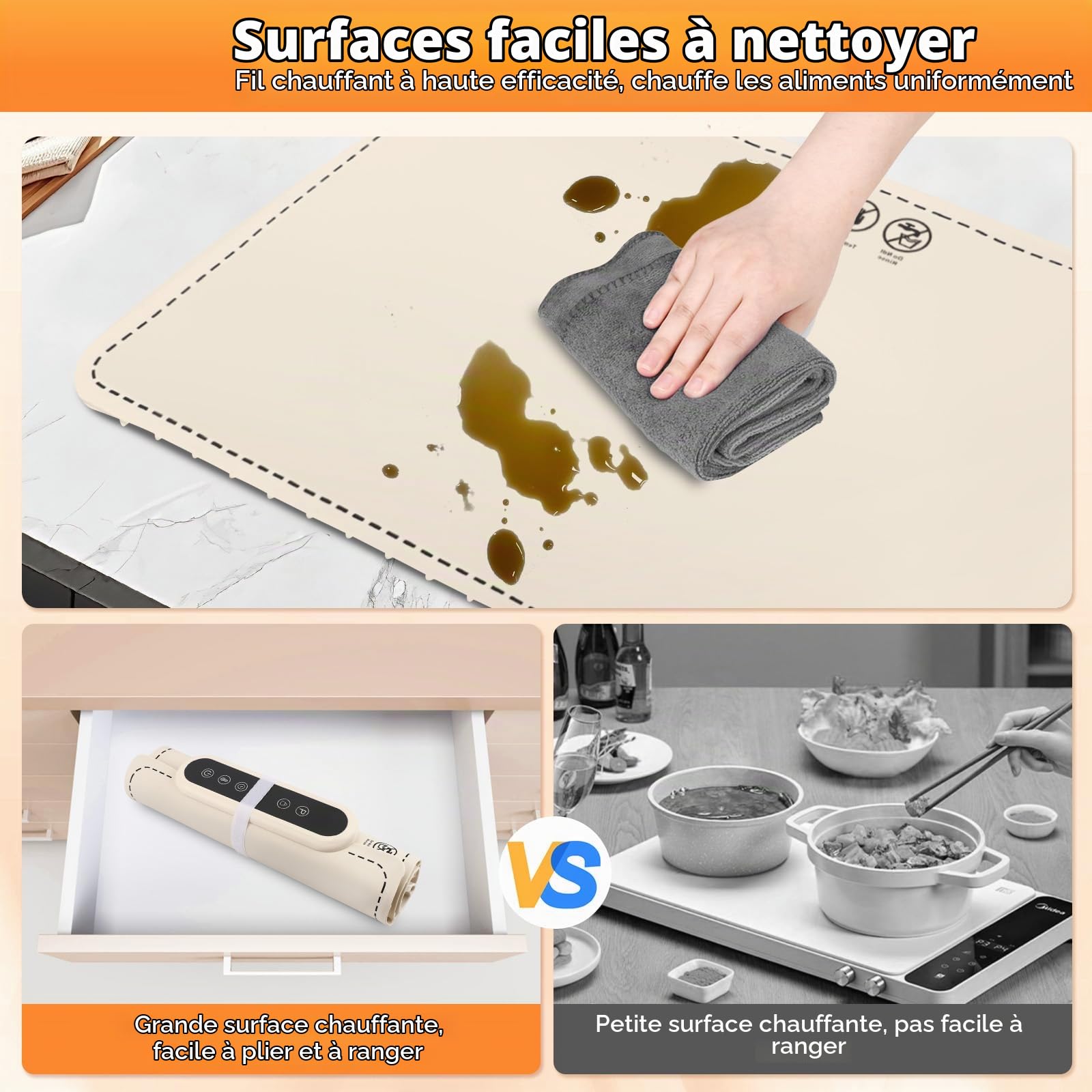 Chauffe Plat Electrique, Plaque Chauffante Electrique avec 6 Niveaux Temp., Minuteur de 4 Heures, Plaque Chauffante Pliable Flexible, 61 * 40cm Chauffe Plat pour Buffets Fêtes Banquet