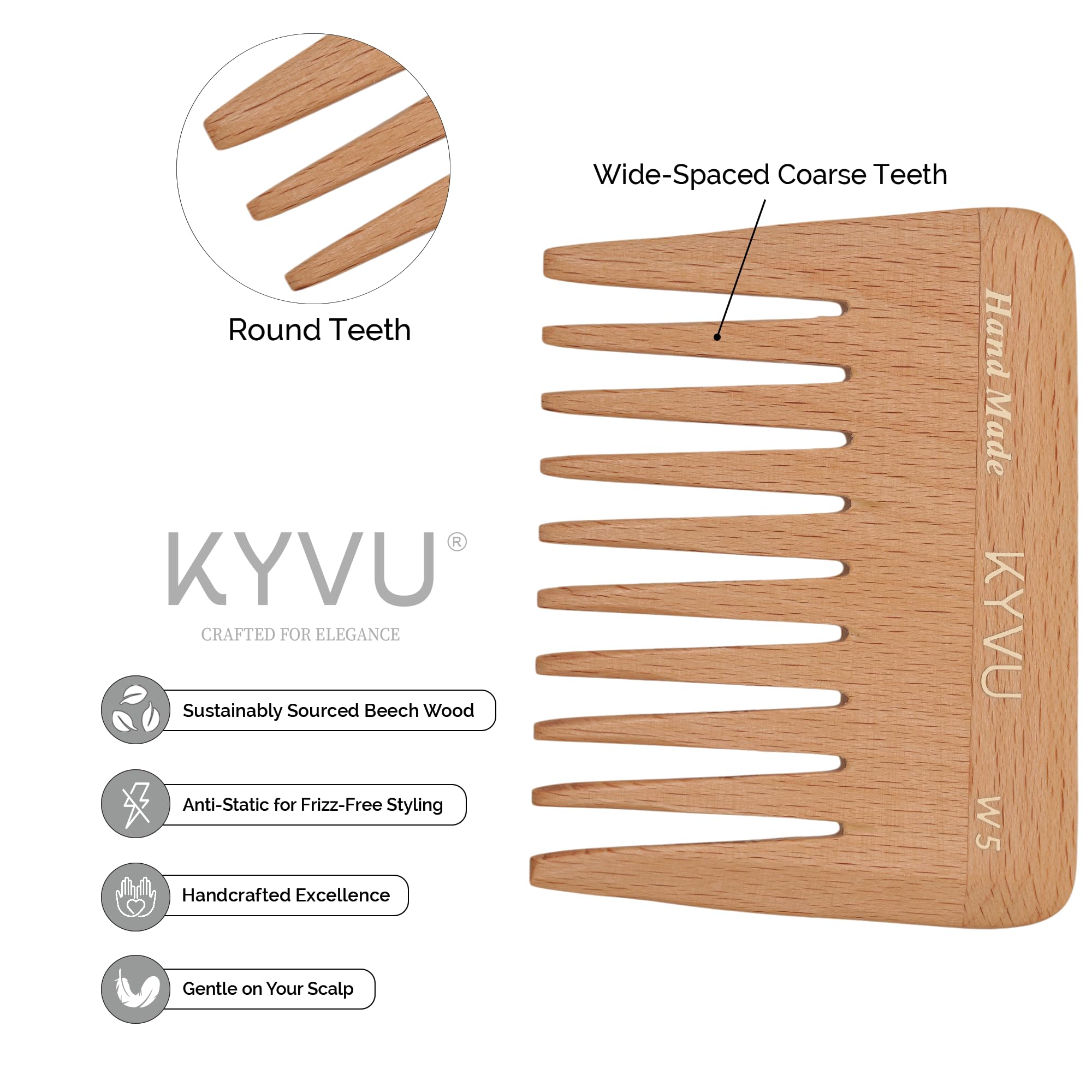 KYVU W5 Handmade 9.0 cm Wide-Tooth Wooden Detangling Comb - Steam Beech, Natural Beech, 9 Centimeters - Image 2