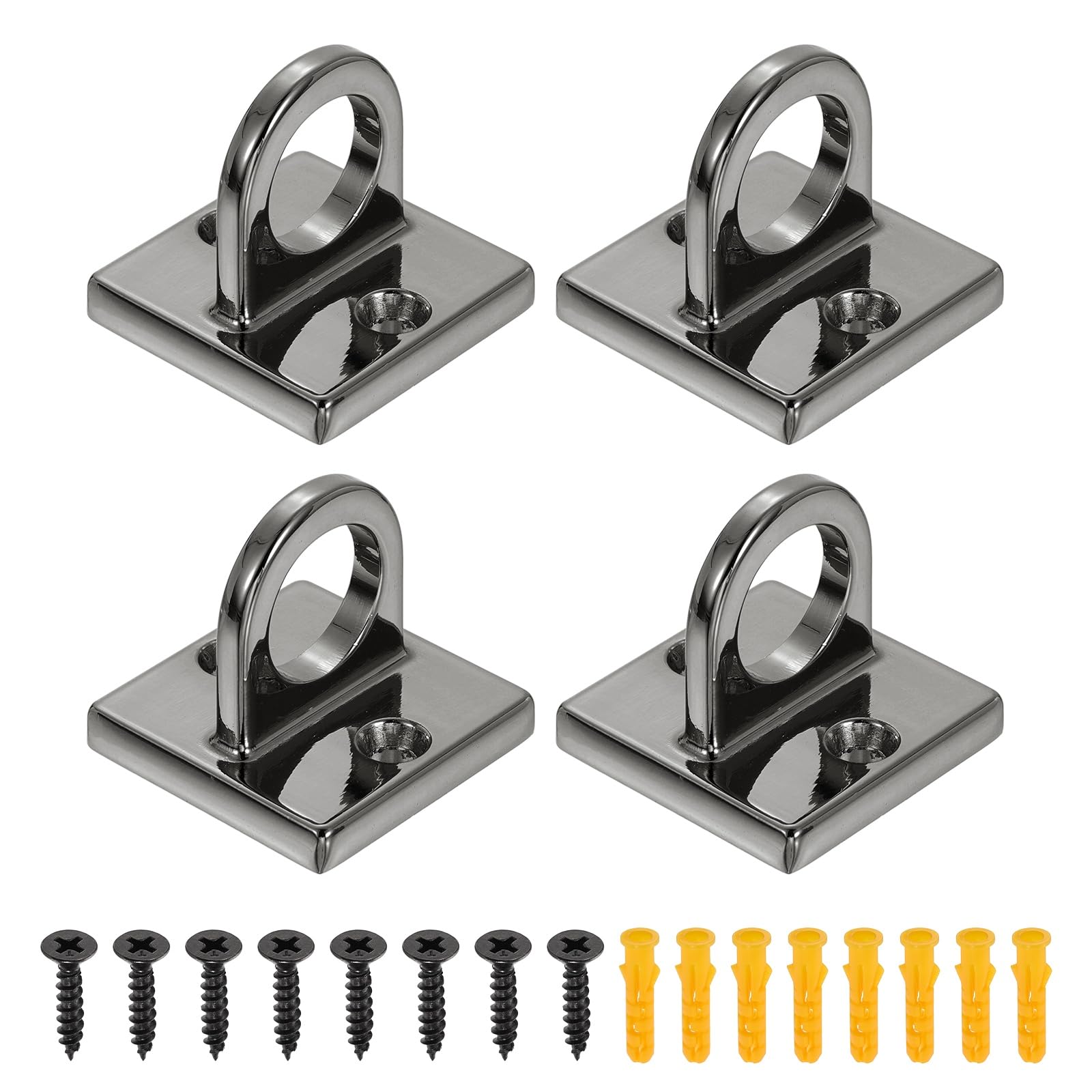 sourcing map 4 Pcs Eye Plate Hook, Zinc Alloy Metal Ceiling Hook Eye Pad Loop with 8 Screws 8 Expansion Screws for Ropes Chains Hanging Signs Barrier Lines Hanging Plants, Black