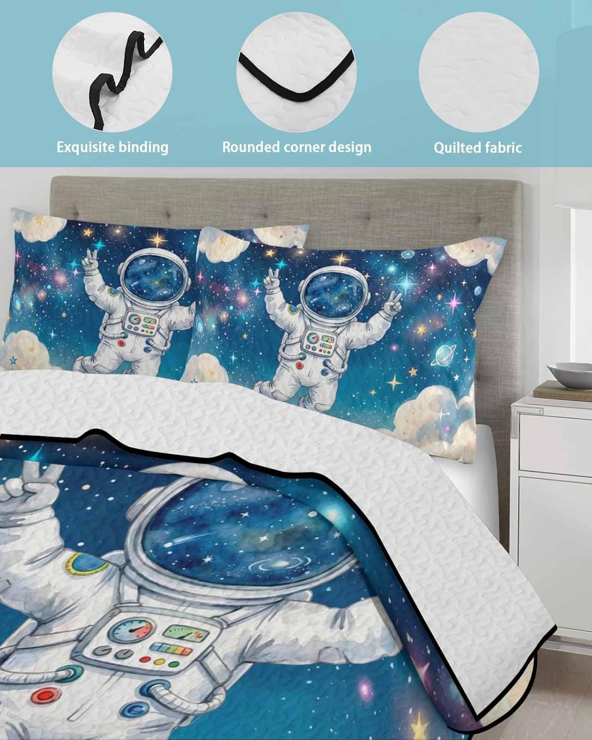 Twin XL Quilt Bedding Set, Children's Day Lightweight Summer Quilt 3 Pieces Bedding Sets, Galaxy Universe Stars Starry Sky Astraunt Reversible Soft Bedspreads Coverlets with 2 Pillow Shams
