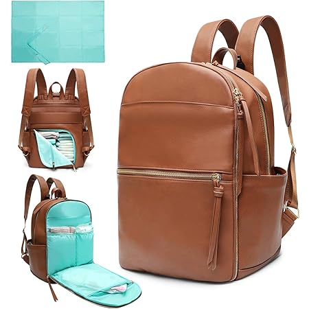 Diaper Bag Backpack Mominside Leather Baby Bag with 6 Insulated Pockets for Mom Dad, Baby Registry Search, Changing Station, Stroller Straps, Large Capacity for Wet Clothes, Waterproof(Brown)