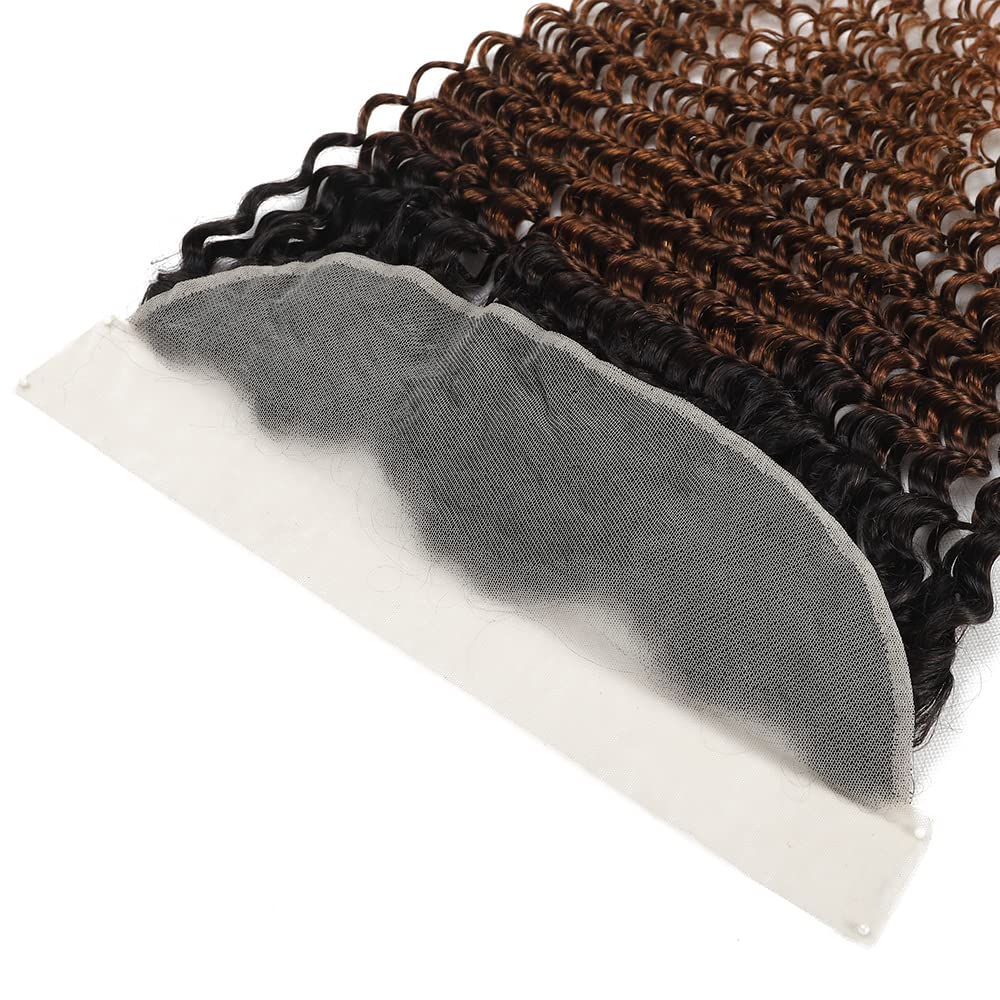 Unprocessed Brazilian Virgin Human Hair #1b/30 Lace Frontal Pre Plucked with Baby Hair (16inch) - Deep Wave Ombre, Ear to Ear Transparent Lace Frontal Closure, 13x4