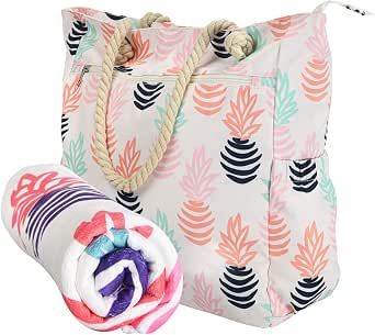 Beach Tote Bag - Waterproof Shoulder Tote for Women & Men with Multiple Pockets and Included Towel