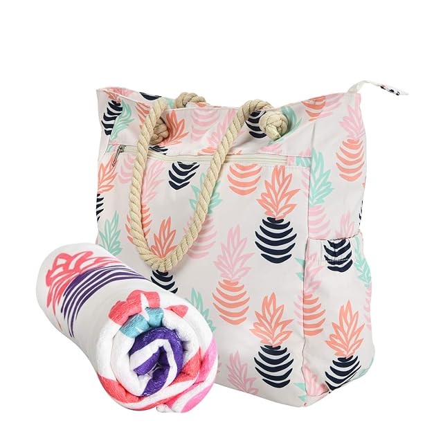 Beach Tote Bag - Waterproof Shoulder Tote Bag for Women Men Multiple Pockets Zipper Travel Gym Picnic Towel