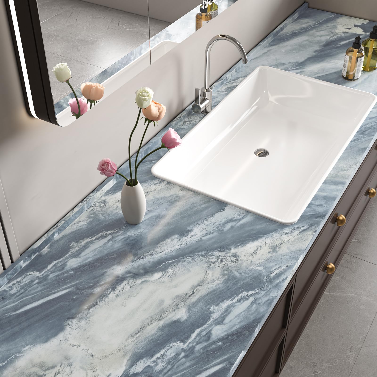 VaryPaper Carta da parati autoadesiva in granito impermeabile, 81,3 x 899,2 cm, effetto marmo blu grigio lucido, carta da parati autoadesiva per cucina, bagno, piano di lavoro, in vinile