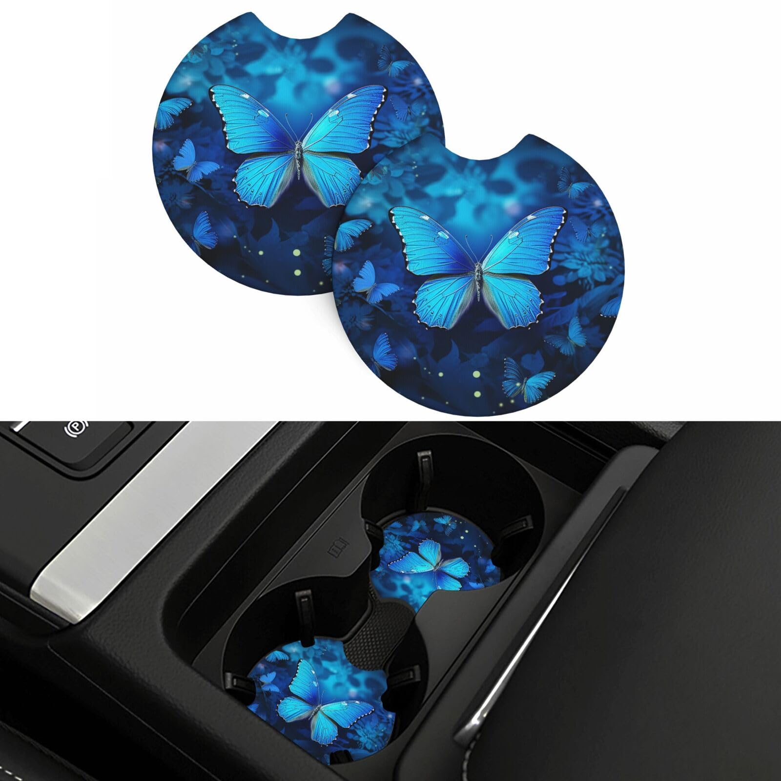 Blue Beautful Butterfly Car Coasters 2 Pcs, Universal Non-Slip Rubber Car Cup Holder for Cup Holders, 2.75 Inch Neoprene Cup Pad Mat Coaster Car Interior Accessories for Women Men