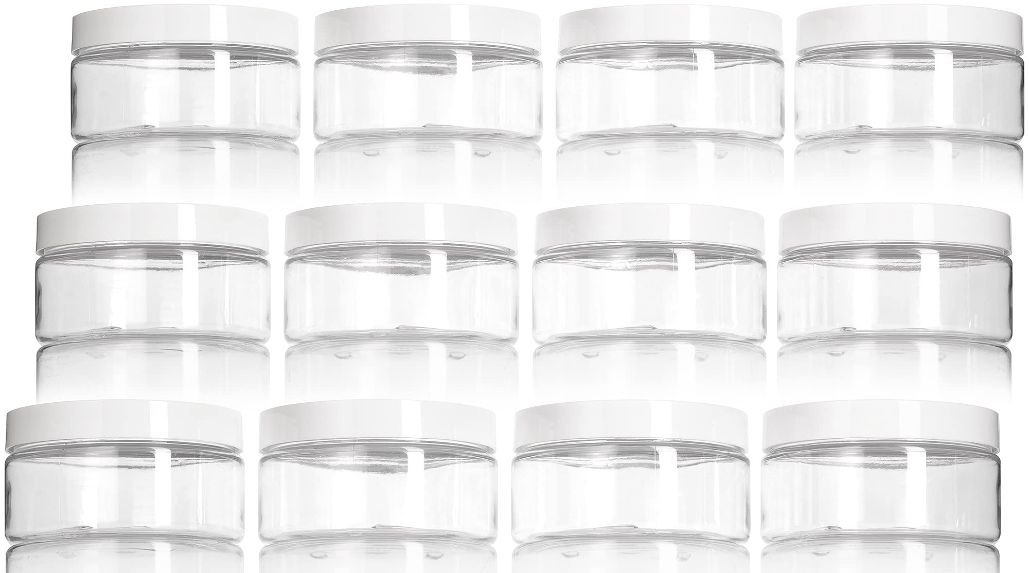 Przezroczysty plastik PET (bez BPA) do wielokrotnego napełniania, niskoprofilowy słoik z białą pokrywką, 12 ml + szpatułki i etykiety
