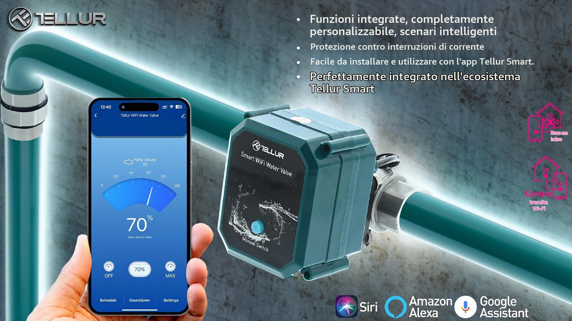 TELLUR SMART Elettrovalvola Acqua WiFi, Elettrovalvola di Sicurezza, App Telefono, Controllo Vocale con Alexa e Google, per Bagno, Cucina, Giardino, Azienda, Nessun Hub, Filettatura DN20 (3/4"), 10bar