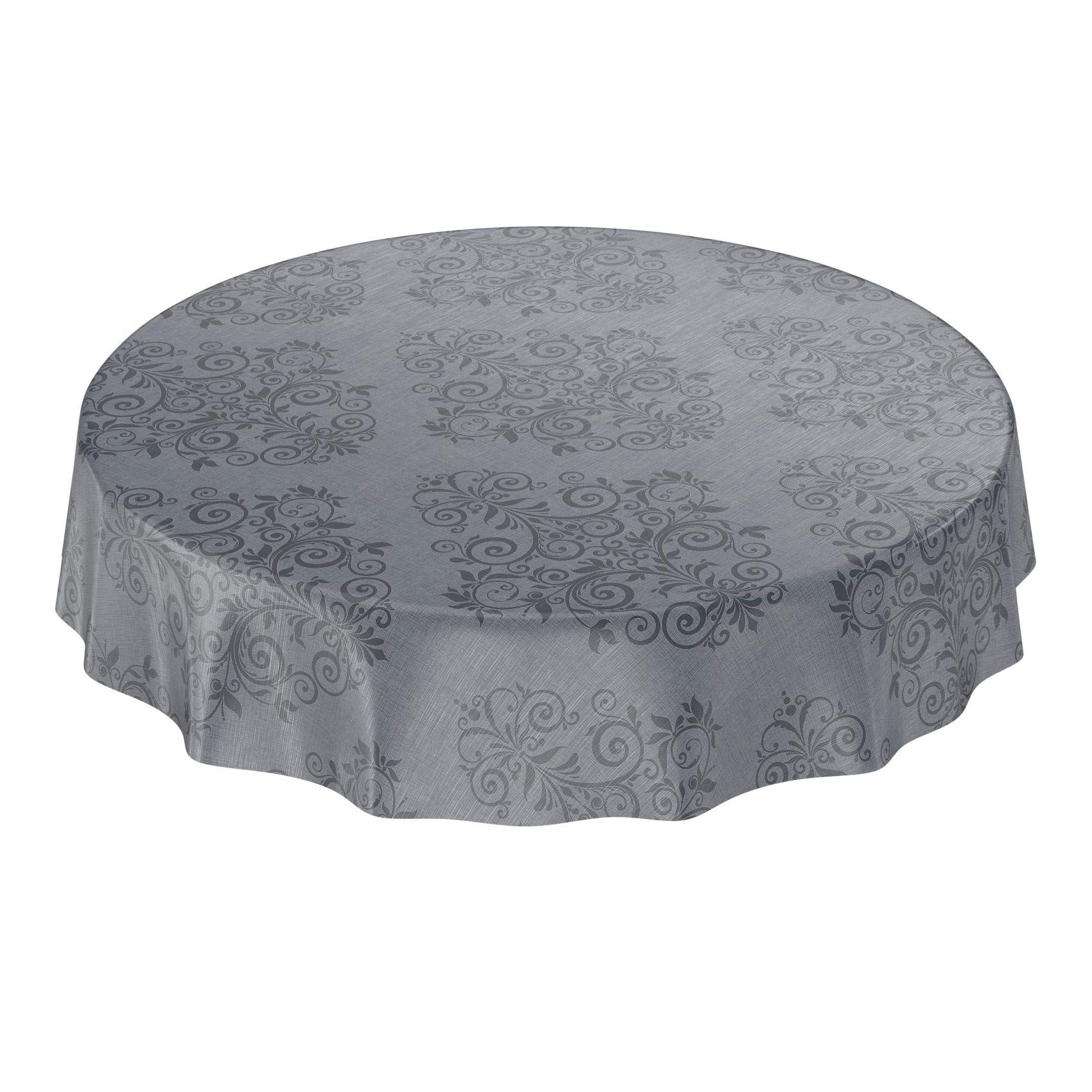 Anro Charcoal Grey Tablecloth Oilcloth / Wipe Clean Cotton Oilcloth Baroque Arabesque Tendril Pattern, Wax Cloth, Rund 140Cm
