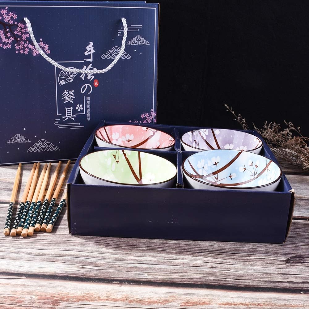 Bеѕt Cуbеr Dеаlѕ 🔥 Japanese Style Ceramic Rice Bowl and Chopstick set of 4, Assorted Designs and Color with Phum Flowers Underglazed Dinnerware Ideal For Dessert Snack Cereal Soup in Gift Box