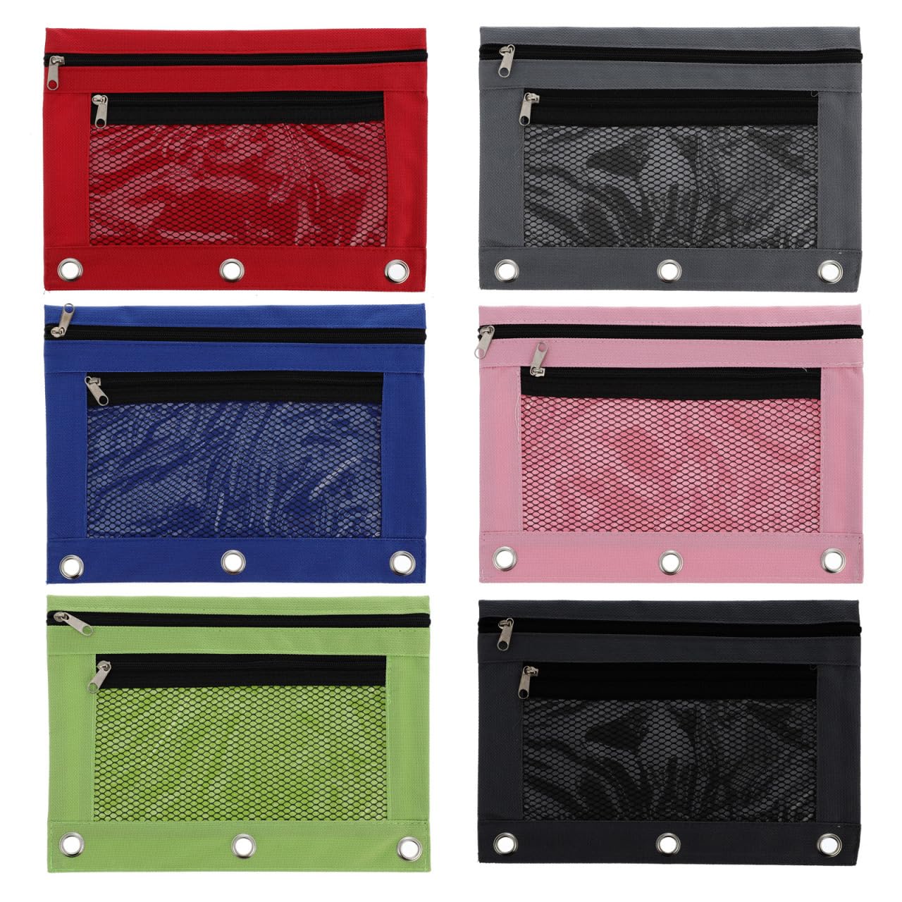 LALAFINA 6Pcs Oxford Cloth Pencil Cases with Mesh Window, 3-Hole Binder Pouches for Office and School, Multi-Color Stationery Bags Suitable for Organizing Pens and Supplies