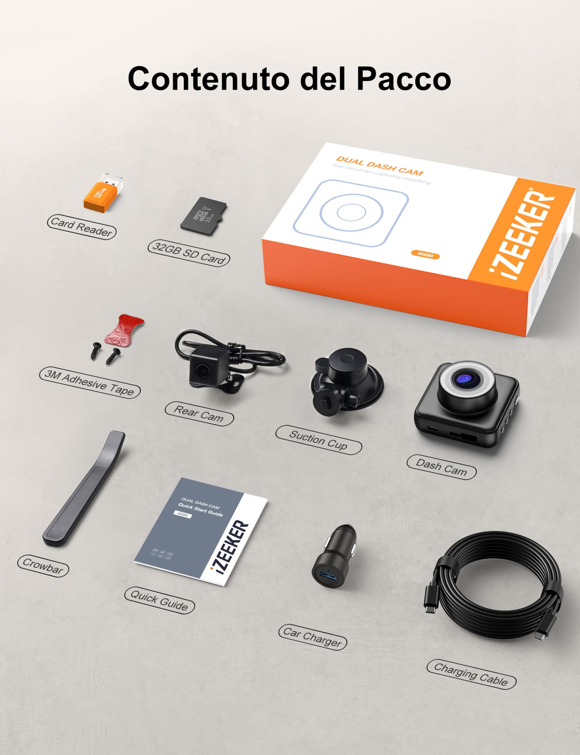 iZEEKER 2.5K Dash Cam Auto Fronte Retro, Scheda 32GB Pratuita, 1440P+1080P FHD Telecamera per Auto, Doppia Dashcam Auto 170° Grandangolo, G-Sensore, Visione Notturna, WDR, Monitor di Parcheggio