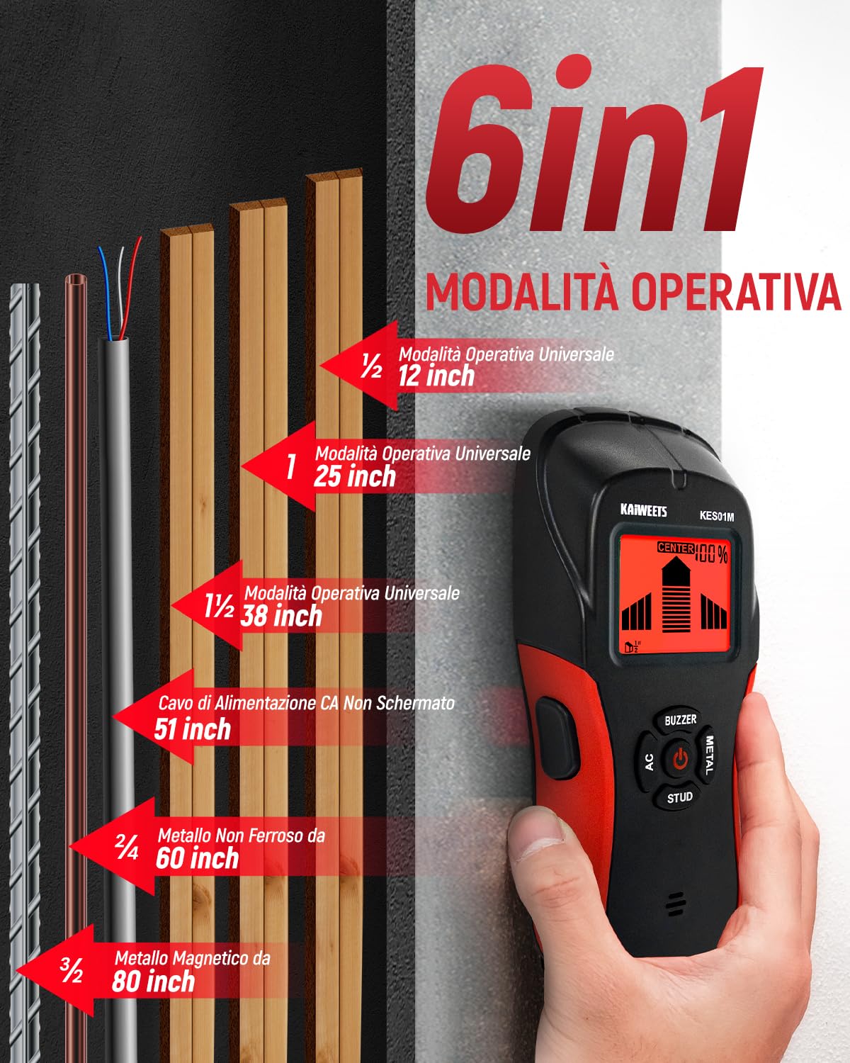 KAIWEETS Rilevatore, Sensore Elettronico 6 In 1, Scanner da Parete, Rilevatore Tubi Metallici con Display LCD per Rilevare Legno, Metallo，Cavi Nel Muro e Magnetico O Non Magnetico
