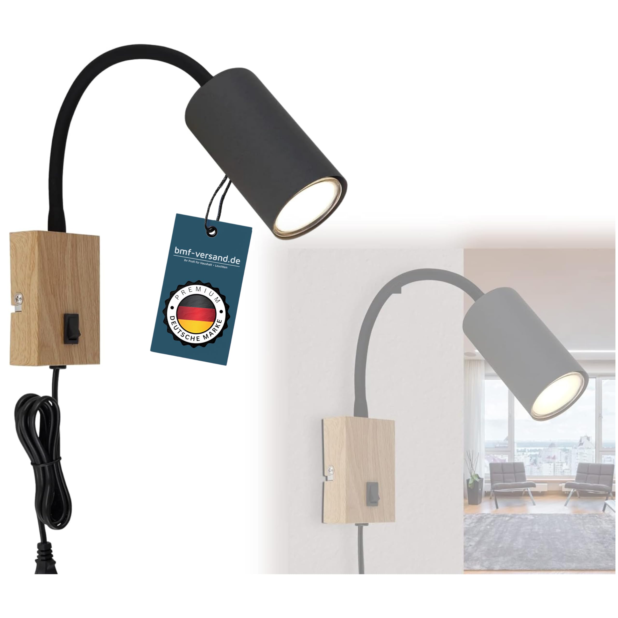 Steckdosen-Wandleuchte Mit Schalter – Schwarze Leselampe Für Kinderzimmer, Schlafzimmer & Wohnzimmer