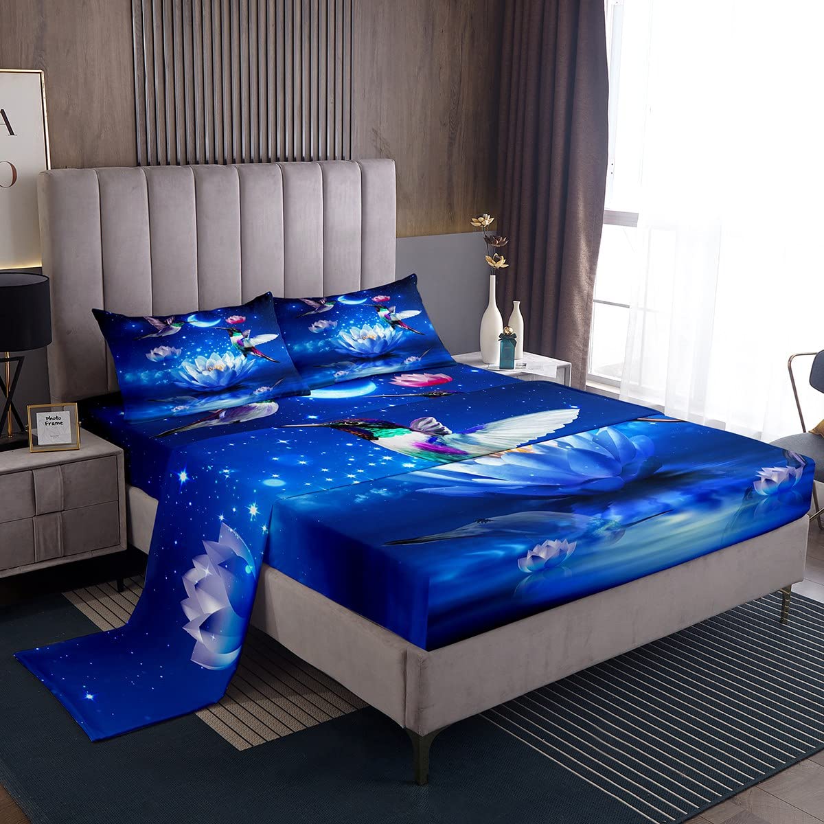 Floral Sheet Set, Hummingbird Fitted Sheet Twin Size for Adult Teens Boys Girls, Lotus Water Lily Flower Bed Sheet, Dreamy Moon and Stars Top Sheet Romantic Theme Bedding Set, Blue