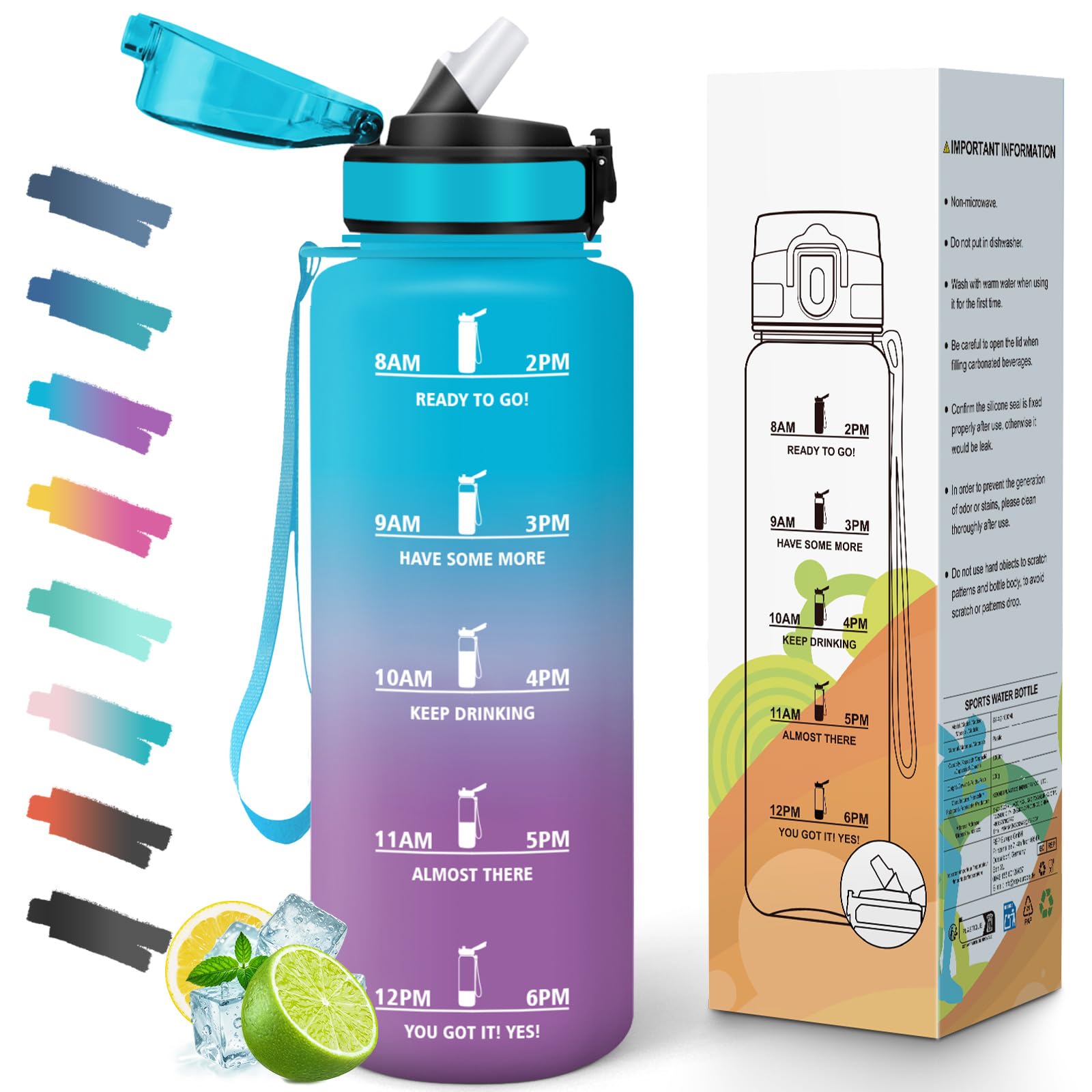 Drinking Bottle with Straw 1.5L BPA Free Gym Time Scale Motivational Wide Mouth Leakproof Lid Water Bottle for School Office Gym