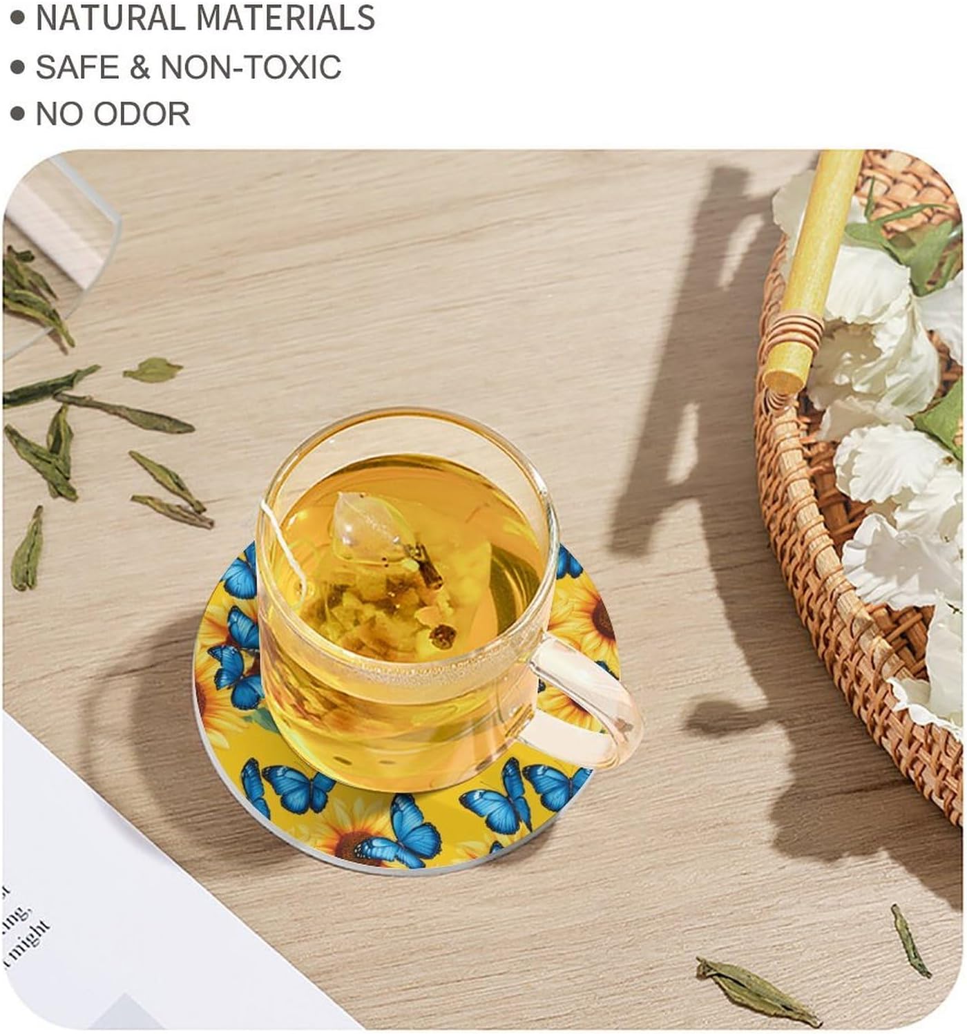 Sunflowers with Blue Butterfly Funny Round Ceramic Coasters for Drink Absorbent Cup Holders Tabletop Protection