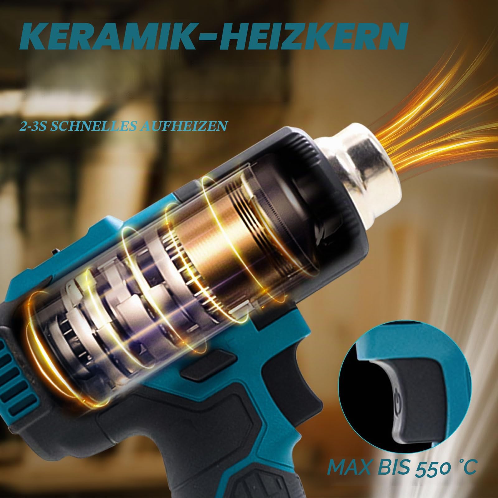 Akku-Heißluftpistole kompatibel mit Makita 18V, Variable Temperaturregelung 50℃-550℃ Elektrische Heißluftfön Schnelle Erwärmung mit LED Anzeige zum Entlacken, Löten mit 5 Düsen(ohne Batterie)