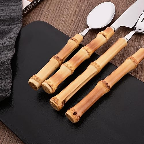 Miniatura 7 de Juego de 8 cucharas de bambú natural, cucharas de acero inoxidable con mango de bambú para el hogar, cocina, restaurante, cucharas pulidas con