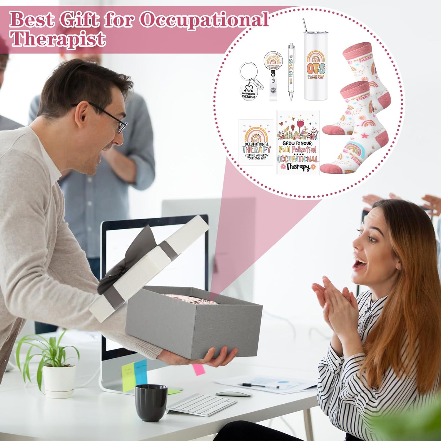 Sieral 8 Pcs Occupational Therapy Gifts Include 16 oz Tumbler with Lid Socks Notebook Pen Badge Reel Keychain Greeting Card Box OT Gifts for Occupational Therapist Assistant Women Xmas Birthday - Image 5