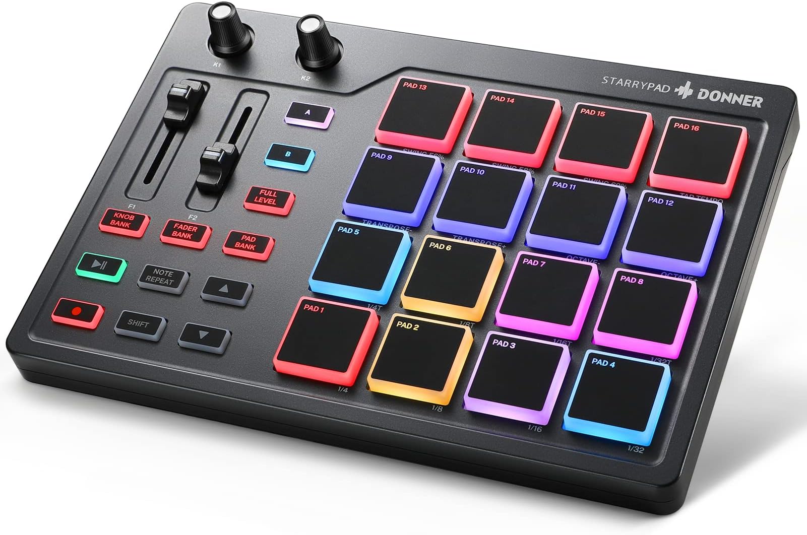 MIDI Pad Beat Maker with 16 Beat Pads, 2 Assignable Fader & Knobs and Music Production Software Included, USB MIDI Pad Controller STARRYPAD with 40 Free Courses