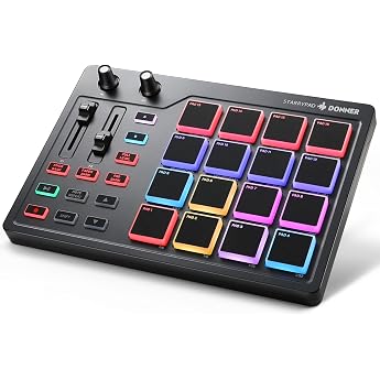 Donner MIDI Pad Controller Keyboard USB Type-C, Professional Drum Pad Machine Beat Maker with 16 Pads, MIDI Out, 2 Assignable