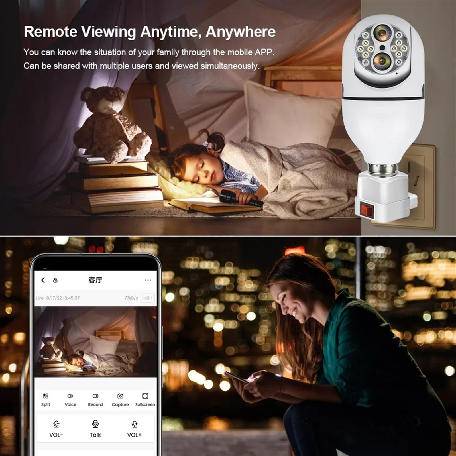 Camera Surveillance, Caméra PTZ à double objectif 2K 4MP, ampoule à double objectif, suivi automatique humain, caméra de sécurité sans fil, Interface E27, Zoom optique 10X ,Sécurité, Antivol(4MP NO SD