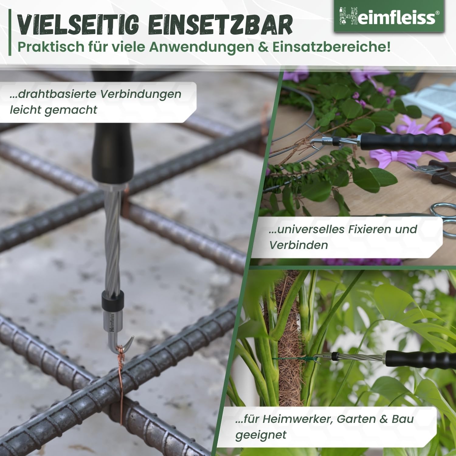 Heimfleiss® Drillapparat Driller + Rödeldraht 1,4 x 100mm (1000 Stk) - Set aus Drahtbinder Rödelzange & Bindedraht ummantelt Sackverschluss - Betonbindedraht Ösendraht Drill Draht