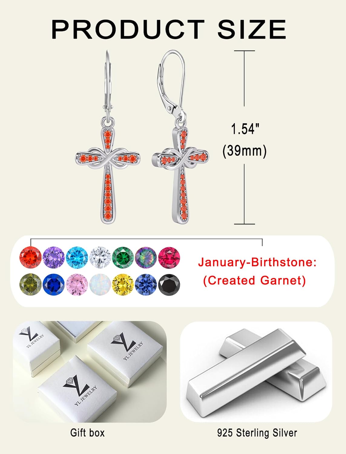 YL Cross Earrings 925 Sterling Silver Infinity Dangle Drop Earrings Birthstone Criss Leverback Jewelry - Image 6
