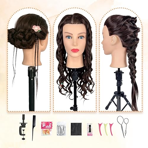 Miniatura 6 de Firstwon Cabeza de maniquí de cabello humano - Cabeza de muñeca de maniquí de cosmetología con 80% cabello real para peluquería, práctica de