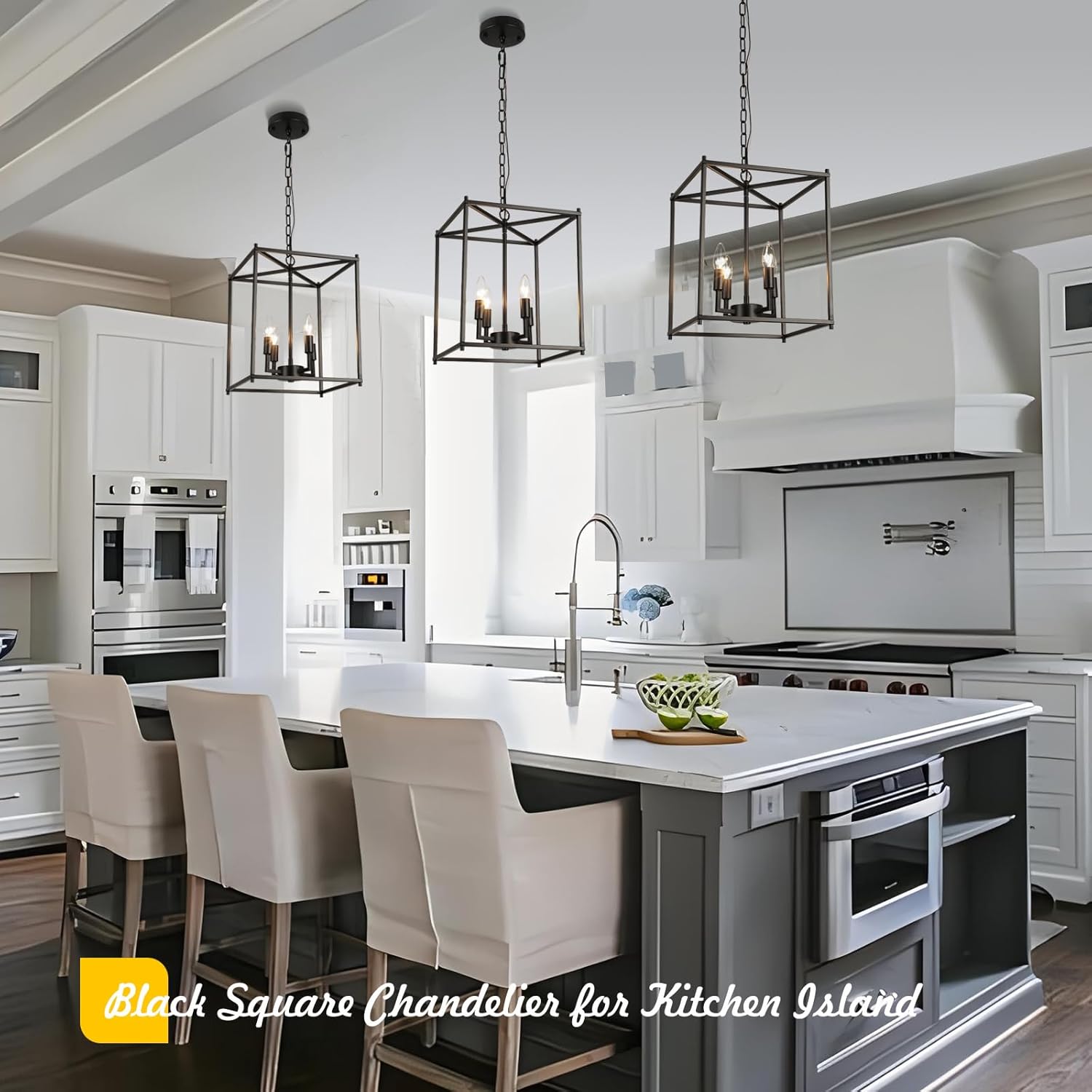 Black Chandelier Farmhouse Chandelier for Dining Room, 12.6" Lantern Pendant Light Fixtures 4-Light Square Foyer Chandelier Adjustable Pendant Lighting for Kitchen Island Hallway