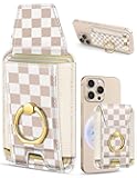 Compatible with Magsafe Wallet with Ring Stand Grip - Cute Magnetic Phone Wallets Card Holder for iPhone 17/16/15/14/13/12 Series for Women Girls Khaki Plaid Design, Fit 7 Cards