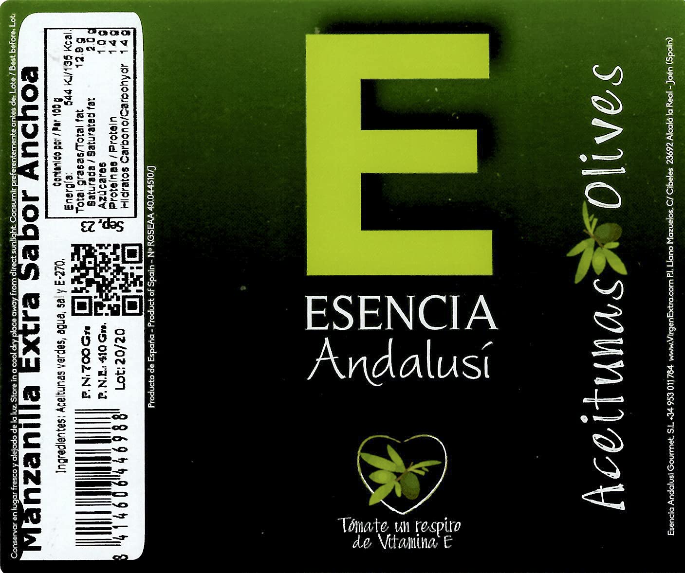 Aceitunas Manzanilla Extra con hueso Sabor Anchoa Esencia Andalusí Gourmet 700g (3 unidades)