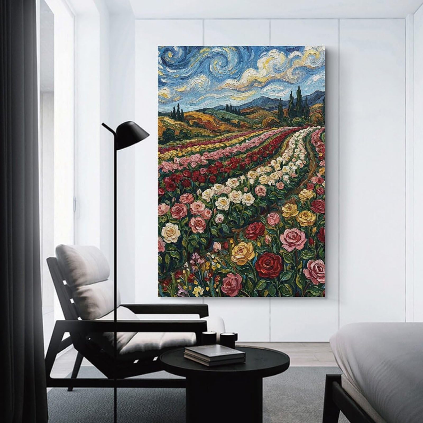 Junmoney Wall Art Print Rose Field Painting in Van Gogh Style, 20x30inch(50x75cm), for Hallway, Bedroom Or Modern Interiors, Thoughtful Wall Decor for Art Lovers
