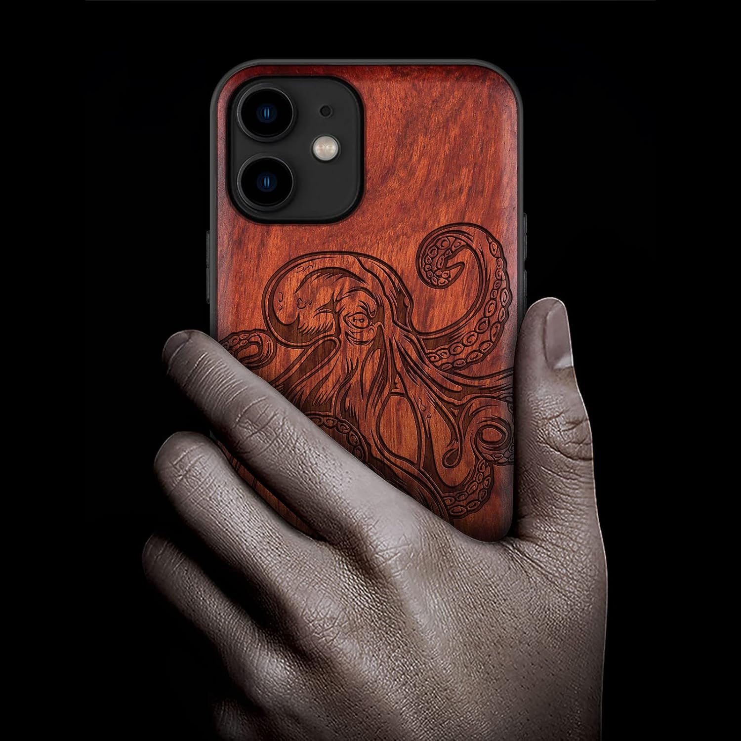 Carveit Wood Case for iPhone 11 Case [Natural Wood & Black Soft TPU] Shockproof Protective Cover Unique Wooden Phone Protector Compatible with iPhone 11 (Octopus Drawing-Rosy)
