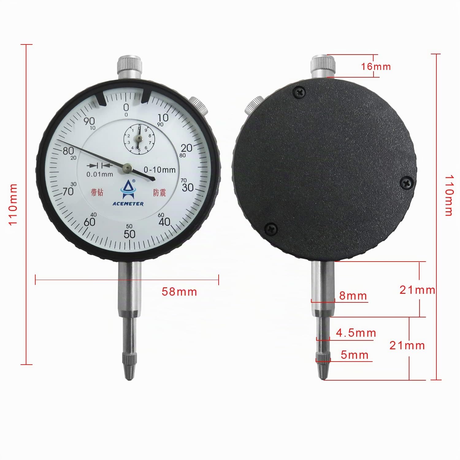 Indicateurs à Cadran Métrique Comparateur de Précision 0,01 mm, Gamme de 0~10 mm