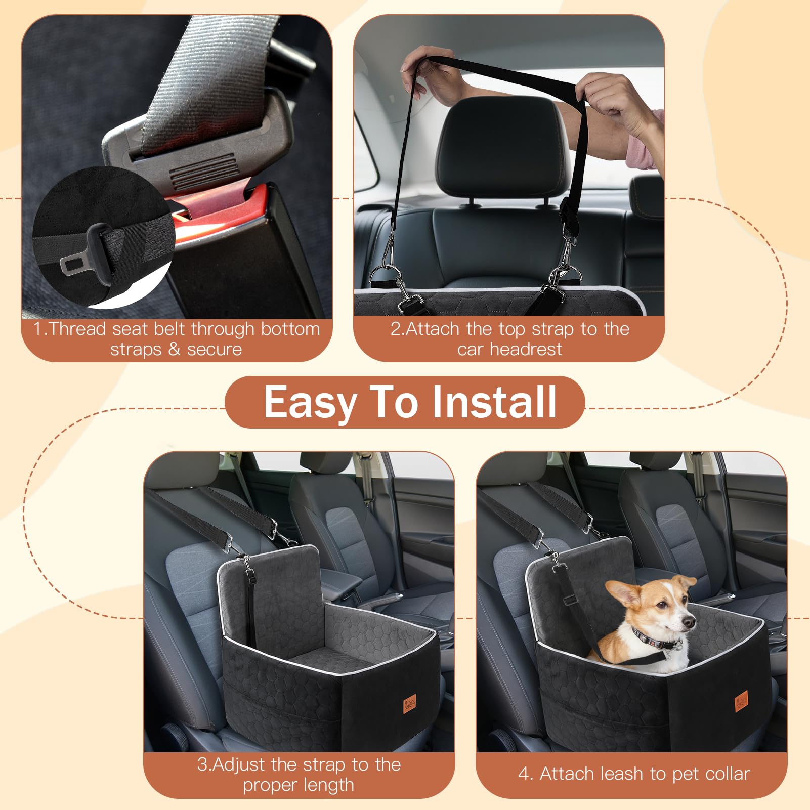 Asiento Perro Coche, Extra Estable Cama Perro Coche con Espuma Viscoelástica, Funda Lavable y Cinturón de Seguridad, Asiento Coche Perros para Medianos y Pequeños de hasta 13.6 kg, 52x52x50cm — view 7