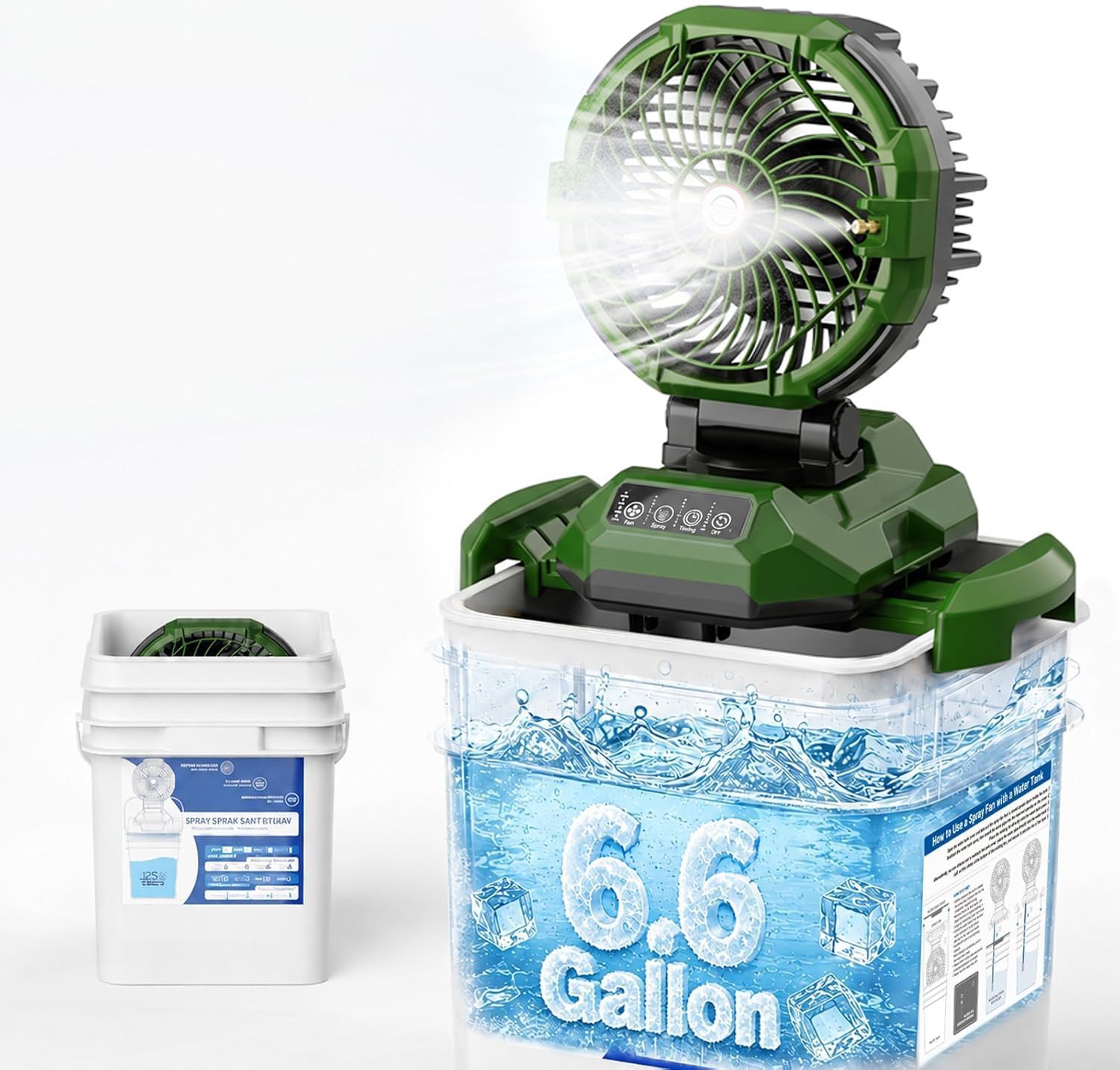 Portable Misting Fan with 6.6 Gallon Bucket, 30000mAh Rechargeable Battery Powered Floor Cooling Fan with 4 Strong Winds & 4 Spray Mister, Outdoor Oscillation Fans for Camping/Patios/Beach