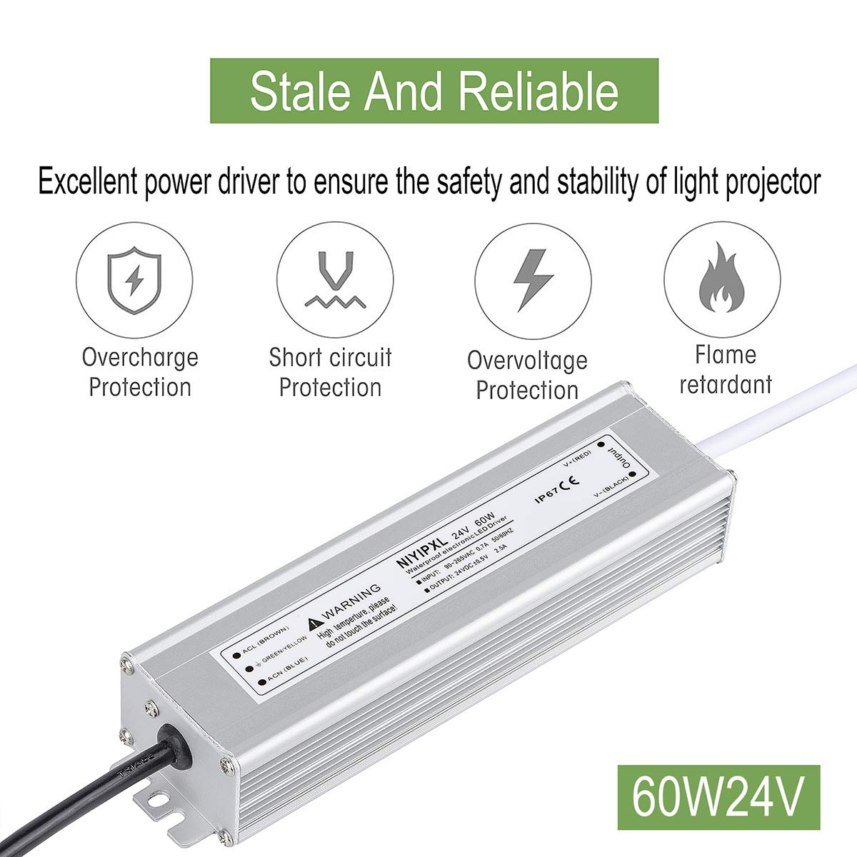 LED Driver 60 Watts 24V DC Low Voltage Transformer， Waterproof IP67 LED Power Supply, Adapter with 3-Prong Plug 3.3 Feet Cable for Any 24V DC led Lights, Computer Project, Outdoor Light - Image 2