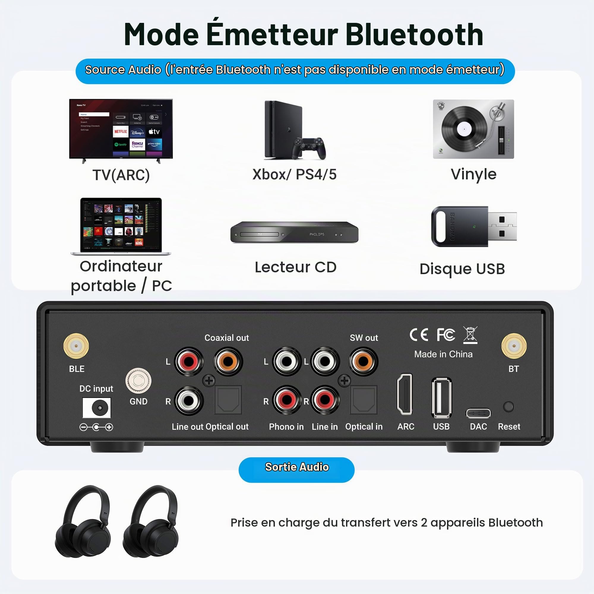 BP50 Récepteur Bluetooth 5.2 aptX stéréo HDMI ARC Application GO. Adaptateur audio Bluetooth DAC RCA récepteur AV préamplificateur stéréo.